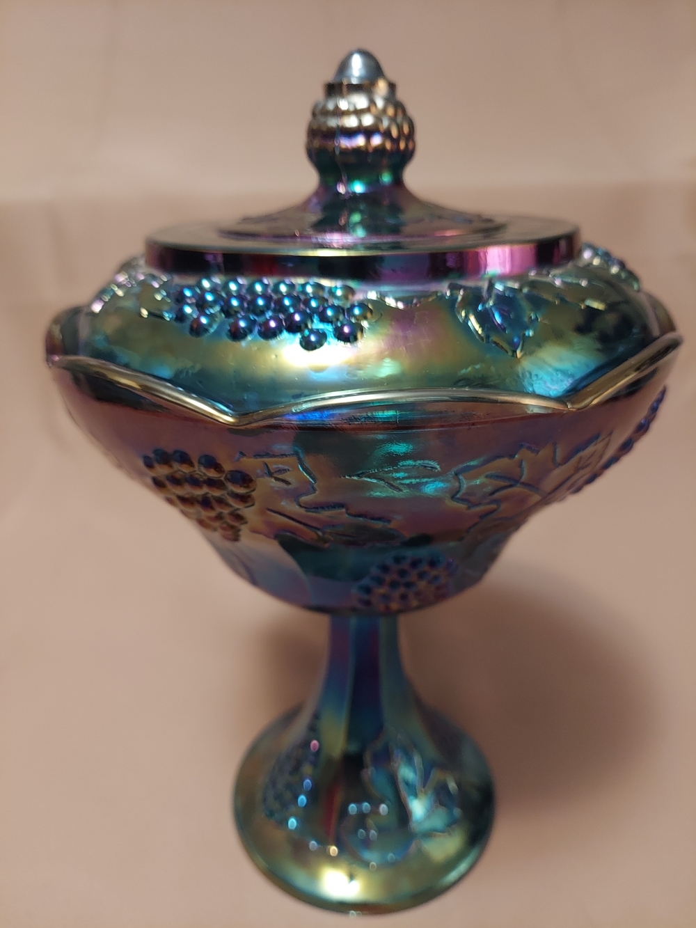 Vintage Indiana Glass Blue Carnival Harvest Grape Pedestal Compote Candy Dish